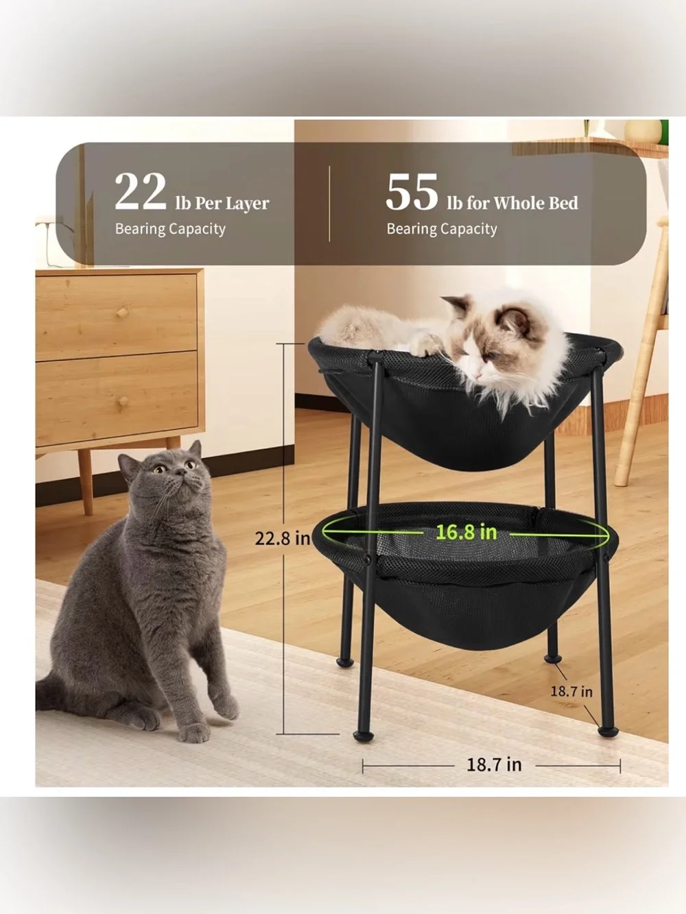 JUNSPOW Double Cat Bed Black,